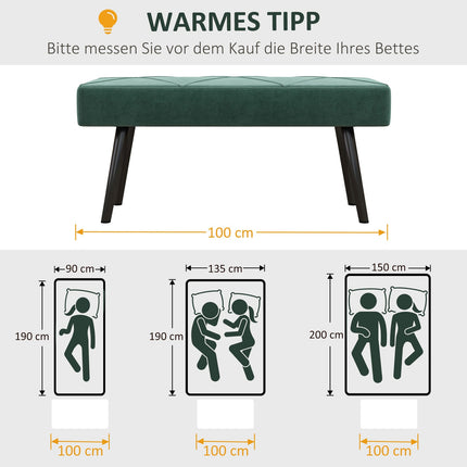 Banc rembourré aspect velours, banc de lit, banc d'entrée avec motif X, jusqu'à 120 kg, pour chambre, 100 x 36 x 45 cm, vert