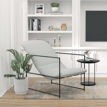 Beige upholstered lounge chair in linen look with armrests
