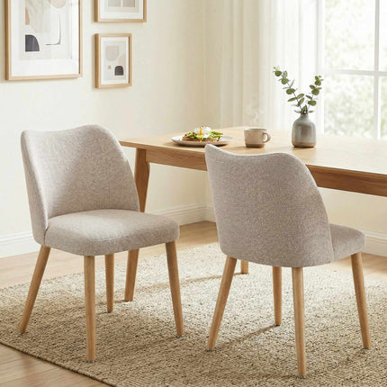 Upholstered Dining Chairs Set of 2 with Rubberwood Legs, Cream White, Linen Look