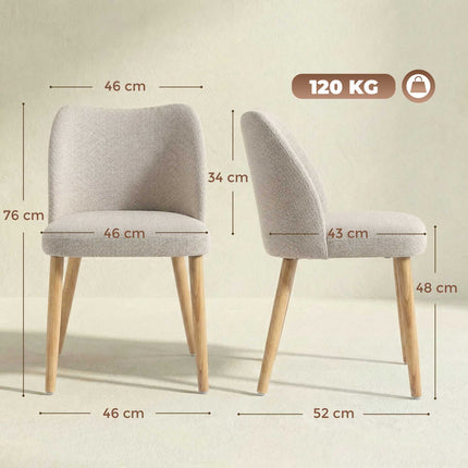 Upholstered Dining Chairs Set of 2 with Rubberwood Legs, Cream White, Linen Look
