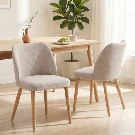 Upholstered Dining Chairs Set of 2 with Rubberwood Legs, Cream White, Linen Look