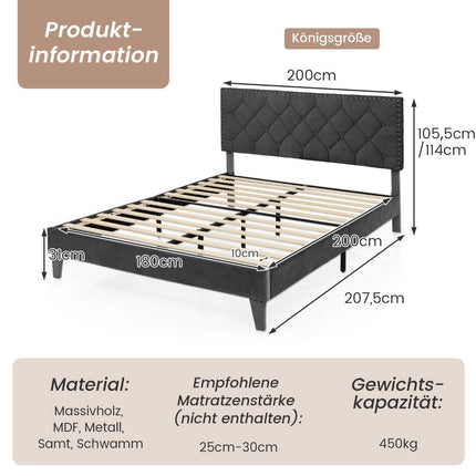 Upholstered Double Bed Frame, 200x180 cm, Grey, with Slats