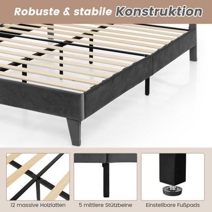 Upholstered Double Bed Frame with Slats, 200x140 cm, Grey