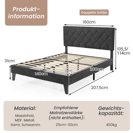 Upholstered Double Bed Frame with Slats, 200x140 cm, Grey