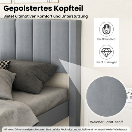 Upholstered Platform Bed Frame, 200x140 cm, Grey Velvet