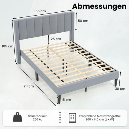 Upholstered Platform Bed Frame, 200x140 cm, Grey Velvet