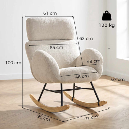 Upholstered Rocking Chair with Adjustable Headrest, Cream White, Rubberwood Legs