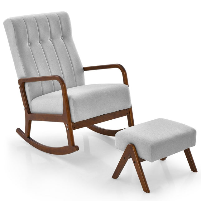Upholstered Rocking Chair with Stool & Cushions Rocking Chair with Wooden Frame Gray
