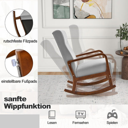 Čalouněné houpací křeslo s taburetem a polštáři, dřevěný rám, šedá