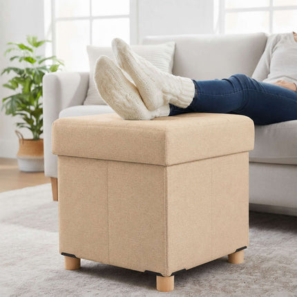 Upholstered Storage Cube Stool with Padded Seat, Beige, 38 cm