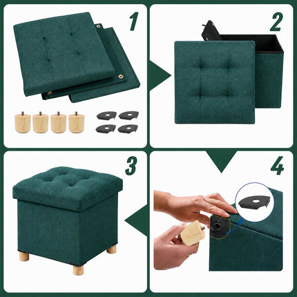 Upholstered Storage Cube Stool with Padded Seat, Dark Green, 38 cm