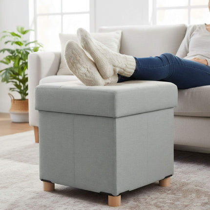 Upholstered Storage Cube with Padded Seat and Wooden Legs