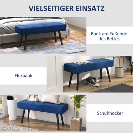 Upholstered bedroom bench with blue velvet look, capacity 120 kg