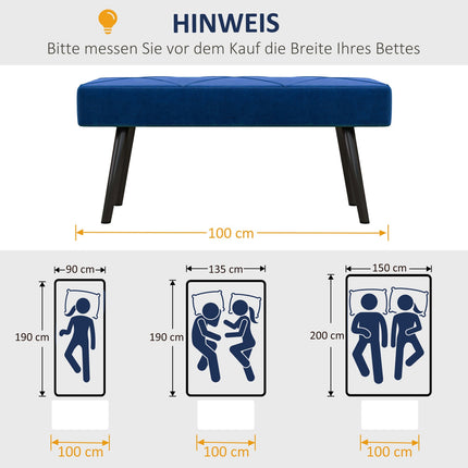 Upholstered bedroom bench with blue velvet look, capacity 120 kg
