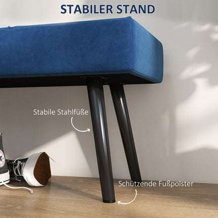 Upholstered bedroom bench with blue velvet look, capacity 120 kg