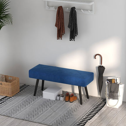 Upholstered bedroom bench with blue velvet look, capacity 120 kg
