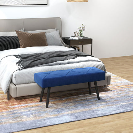 Upholstered bedroom bench with blue velvet look, capacity 120 kg
