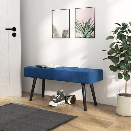 Upholstered bedroom bench with blue velvet look, capacity 120 kg
