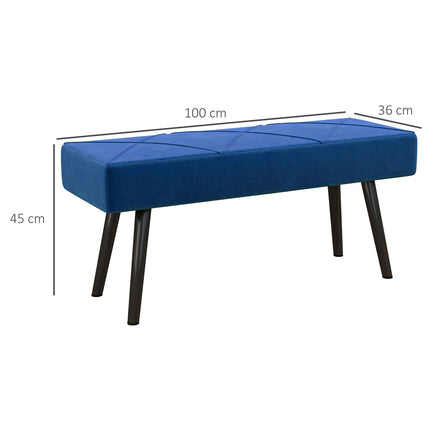 Upholstered bedroom bench with blue velvet look, capacity 120 kg