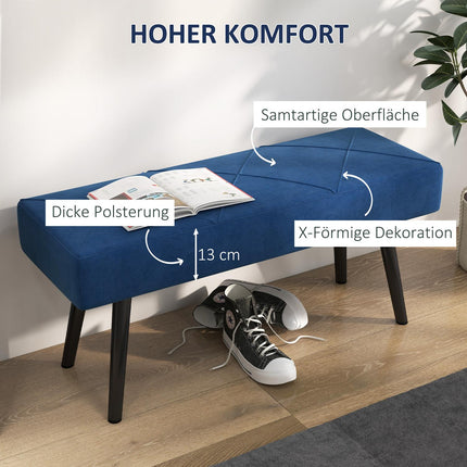 Upholstered bedroom bench with blue velvet look, capacity 120 kg