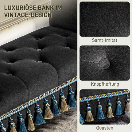 Velvet covered bench with storage, vintage design, dark grey