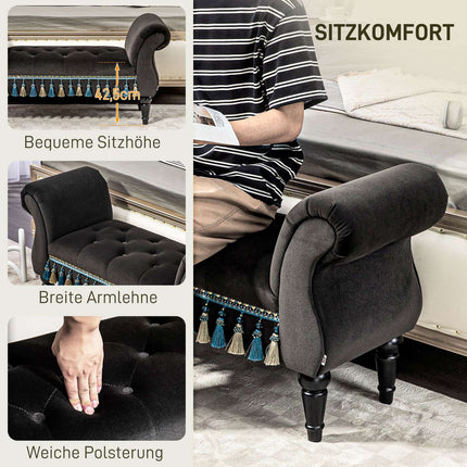 Velvet covered bench with storage, vintage design, dark grey