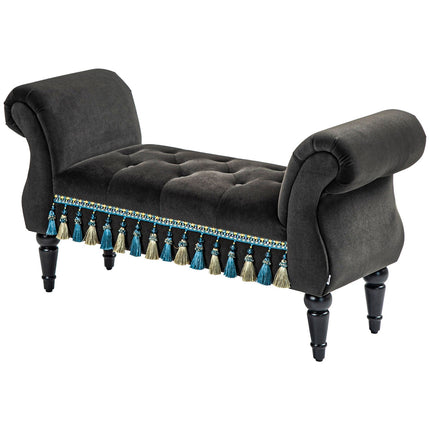 Velvet covered bench with storage, vintage design, dark grey