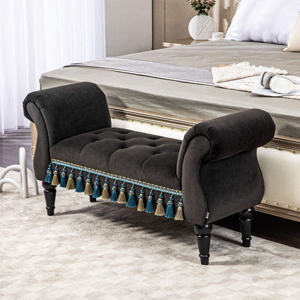 Velvet covered bench with storage, vintage design, dark grey