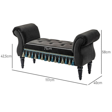 Velvet covered bench with storage, vintage design, dark grey