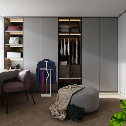 Valet Suit Stand – White Metal & Wood, Bedroom Organizer