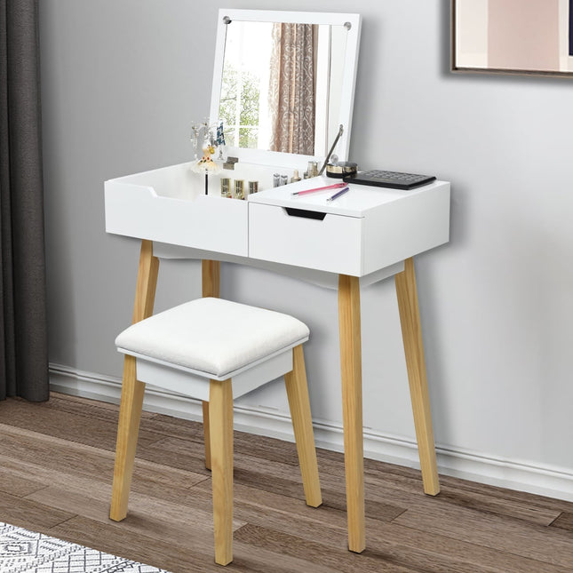Schminktisch mit Klappspiegel und Hocker, weißes MDF-Holz