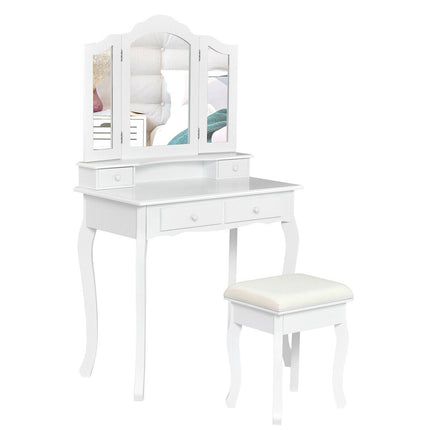 Vanity Dressing Table Set with Stool, Tri-Fold Mirror, 4 Drawers