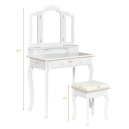Vanity Dressing Table Set with Stool, Tri-Fold Mirror, 4 Drawers