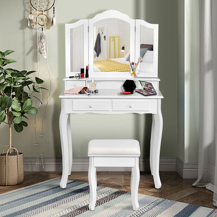 Vanity Dressing Table Set with Stool, Tri-Fold Mirror, 4 Drawers