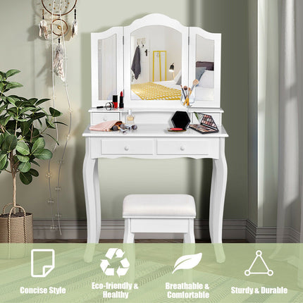 Vanity Dressing Table Set with Stool, Tri-Fold Mirror, 4 Drawers