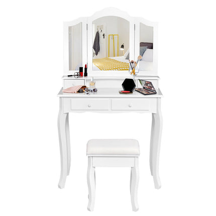 Vanity Dressing Table Set with Stool, Tri-Fold Mirror, 4 Drawers