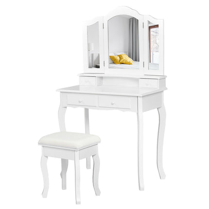 Vanity Dressing Table Set with Stool, Tri-Fold Mirror, 4 Drawers
