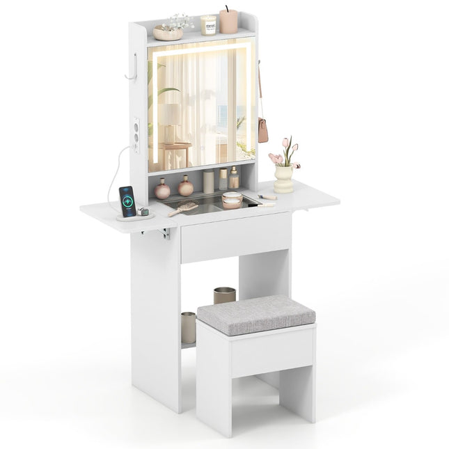 Vanity Table Set with LED Mirror, Stool, Outlets