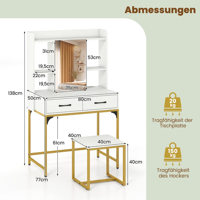 Schminktisch-Set mit Spiegel, Ladestation, Schubladen