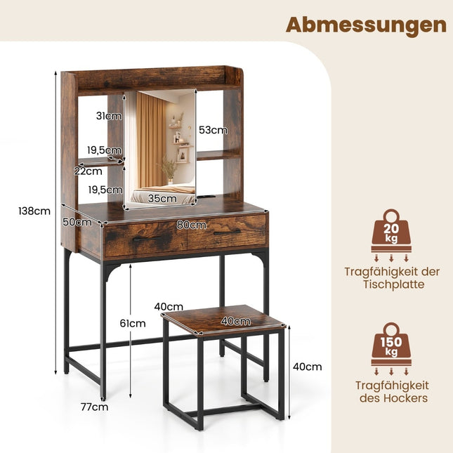 Schminktisch-Set mit Spiegel, Ladestation, Stauraum