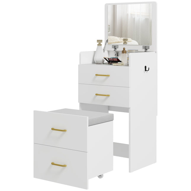 Schminktisch-Set mit Spiegel, Nachttisch, Hocker, Weiß