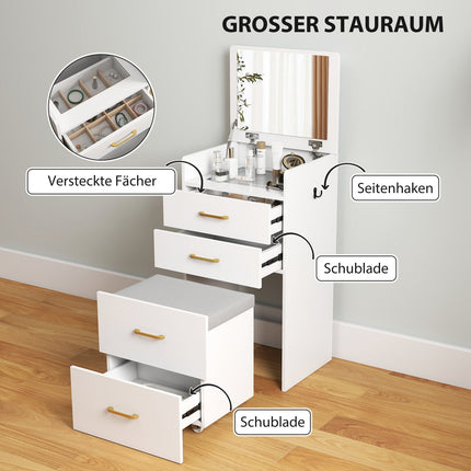 Vanity Table Set with Mirror, Nightstand, Stool, White