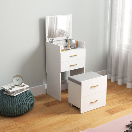 Vanity Table Set with Mirror, Nightstand, Stool, White