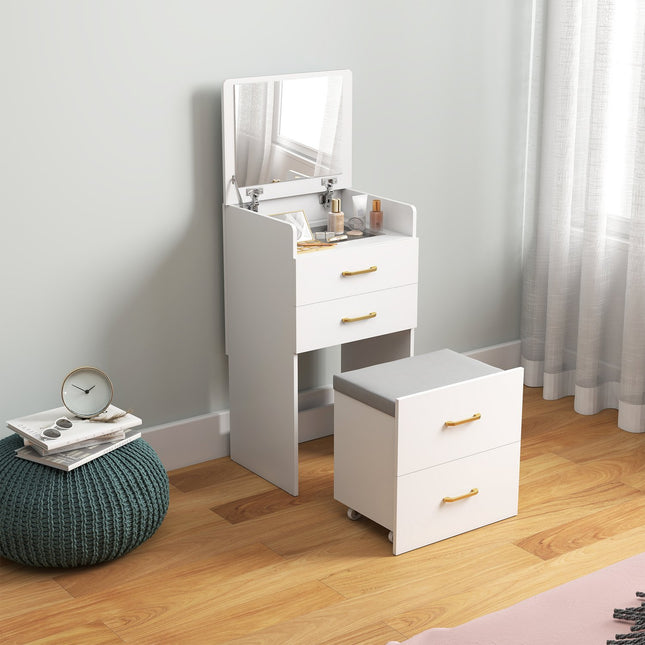 Schminktisch-Set mit Spiegel, Nachttisch, Hocker, Weiß
