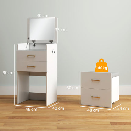 Vanity Table Set with Mirror, Nightstand, Stool, White