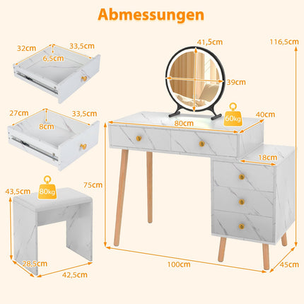 Vanity Table with LED Mirror, 5 Drawers, White