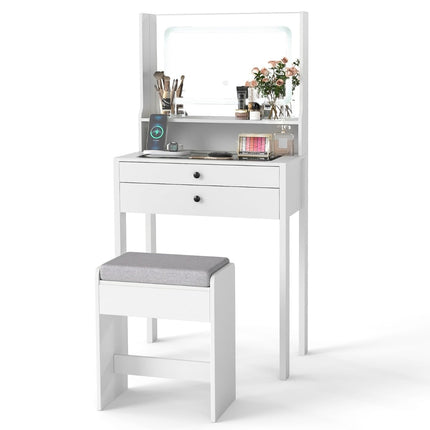 Vanity Table with LED Mirror, Outlets, Padded Stool, White