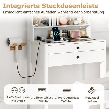 Vanity Table with LED Mirror, Outlets, Padded Stool, White