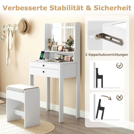 Vanity Table with LED Mirror, Outlets, Padded Stool, White
