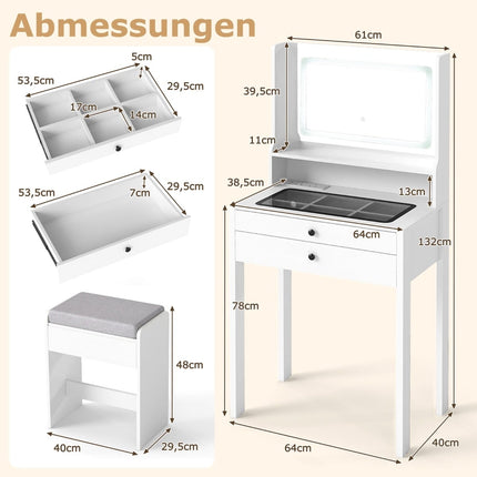 Vanity Table with LED Mirror, Outlets, Padded Stool, White